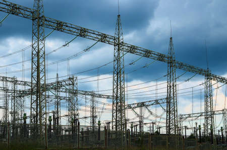Distribution electric substation with power lines and transformers