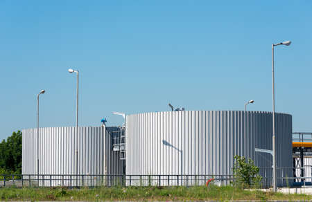 Primary sedimentation basin, sewage flowing through large tanks