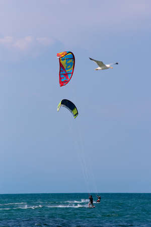 Shkorpilovtsi, Bulgaria - June 29, 2018: Kiteboarding Sports. Recreational activities, hobbies, water sports, and fun in summer. Kitesurfing.のeditorial素材