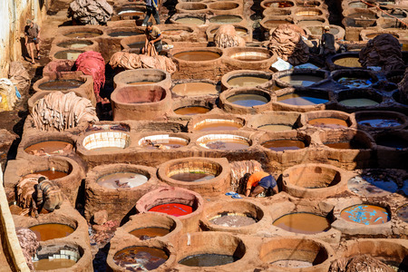 Leather Tanneries - where skins are processed into leather, Fez, Moroccoの写真素材