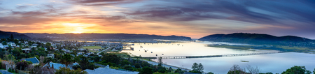 A panorama of Knysna lagoon at sunrise, South Africaの写真素材