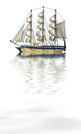 Old style ship in water isolated on a white backgroundの写真素材