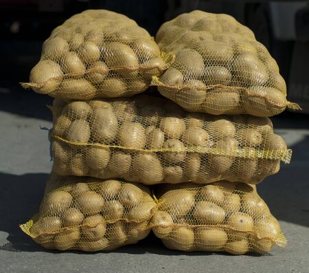 Potatoes in mesh bags in Wholesale marketの写真素材