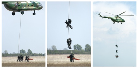 Military operation with helicopters. Rescue soldier. Tree images