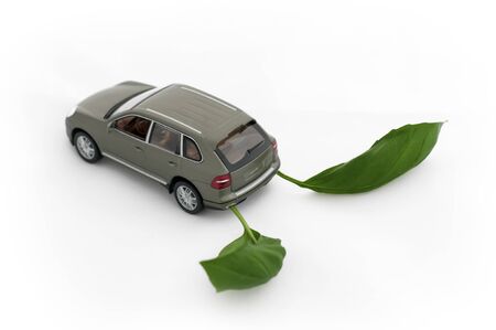 Green leaves and a car. Ecology conception. White isolatedの写真素材