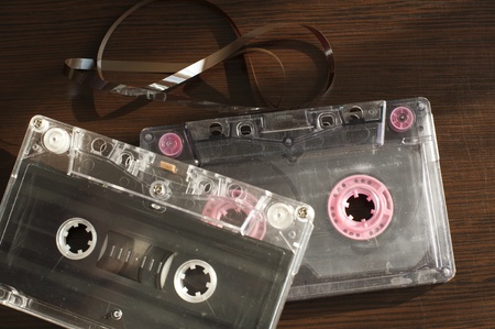 Audio tape cassettes with subtracted out tape. Old broken cassetteの写真素材