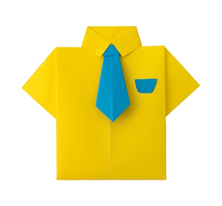 Origami yellow shirt with tie. White isolatedの写真素材