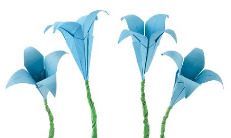 Blue Flowers origami white isolated. Paper made flowers.の写真素材