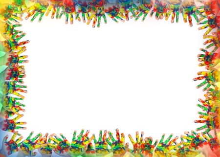 Children's hands painted with colorful paint. Infant border frame の写真素材