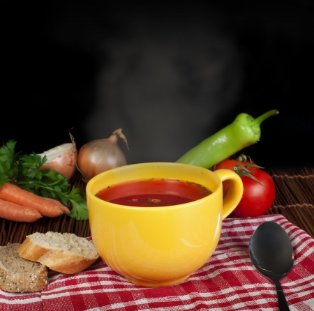 Tomato steaming soup and vegetables around the bowlの写真素材