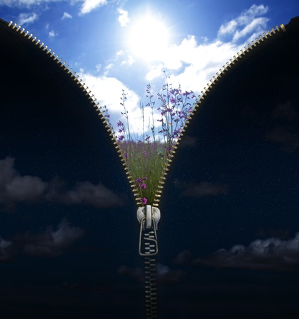 Day and night conception. Zipper separating day and nightの写真素材