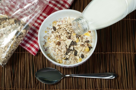 Muesli breakfast in package.Bottle milk and spoon. Pouring milk in a bowl