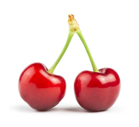 Two Cherries white isolated studio shotの写真素材