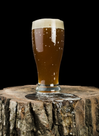 Beer mug on stump. White isolated studio shot.の写真素材