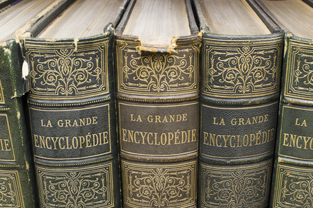 Old books on shelf. French encyclopedia. Close up shotのeditorial素材