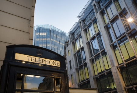 Phone cabine in City of London. Financial center of London