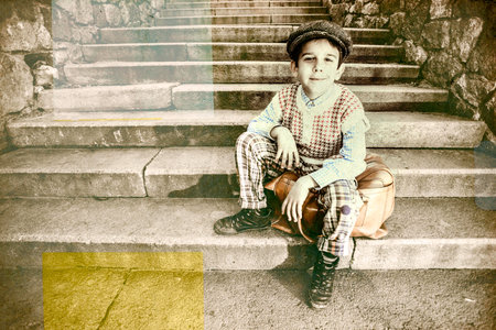 Exterior stairs and child with vintage bag. Vintage clothes style