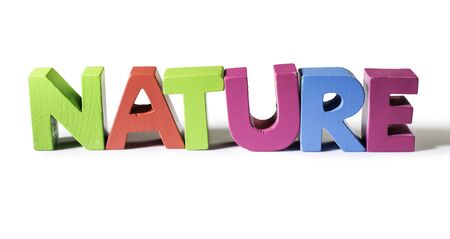 Multicolored word nature made of wood. White backgroundの写真素材