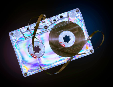 Vintage cassette tape on dark backgroundの写真素材