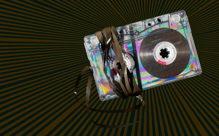 Vintage cassette tape on vintage rays background