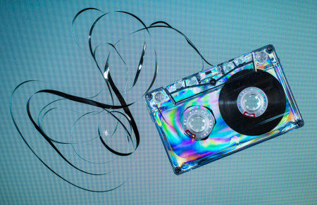 Vintage cassette tape on light blue backgroundの写真素材