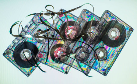 Vintage cassette tapes on light blue backgroundの写真素材