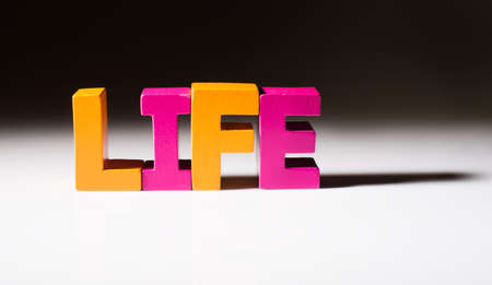 Multicolored text life made of wood. White backgroundの写真素材