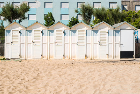 White wooden cabins on the beach.の写真素材