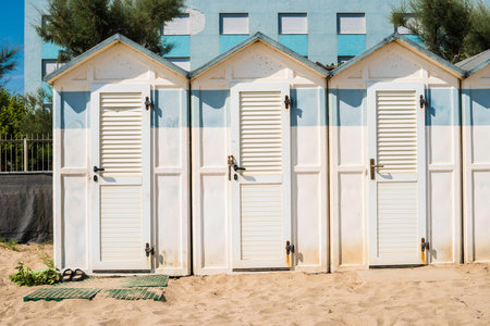 White wooden cabins on the beach.の写真素材