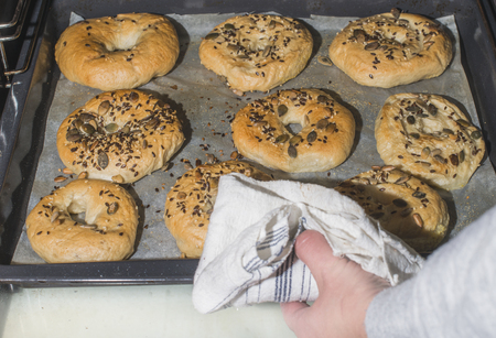 Baking of bagels in homeの写真素材