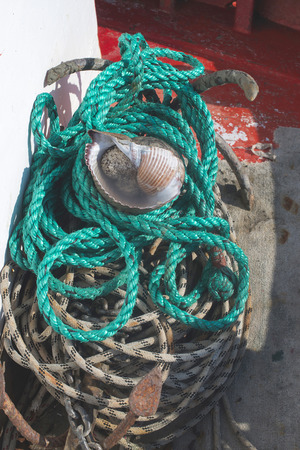 Fishnets on fish boat. Greeceの写真素材