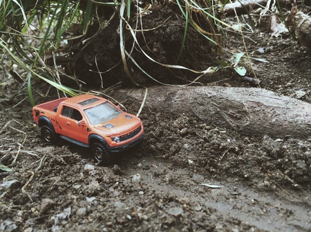 Toy adventure off road car. Travel in natureの素材