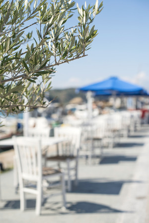 Typical greek restaurant and fish boat on the background. Greece, Gythioの写真素材
