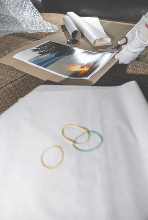 Packaging of printed wall art picture. Printed landscape photographyの写真素材