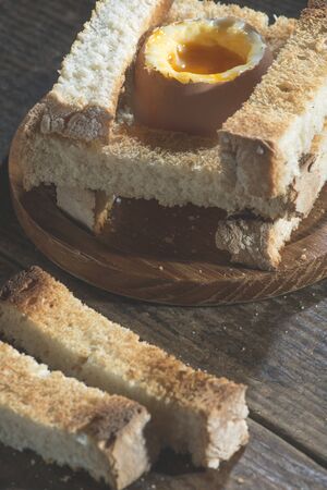 Boiled eggs breakfast table. Close upの写真素材