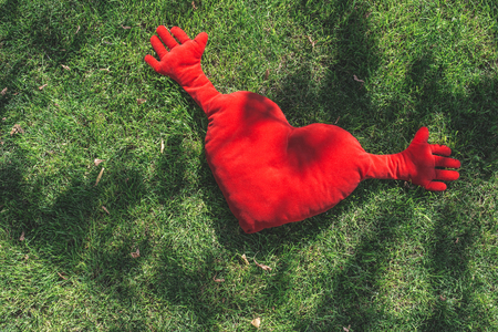Red heart shepe pillow on green grassの写真素材