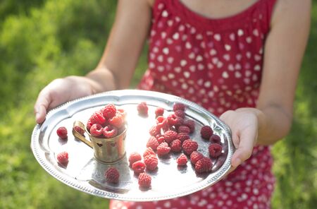 Woman in red dress holding a cup of raspberriesの写真素材