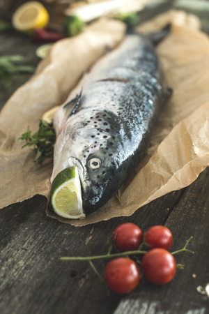 Preparing whole salmon fish for cooking. Vegetables on the table. Vintage styleの写真素材