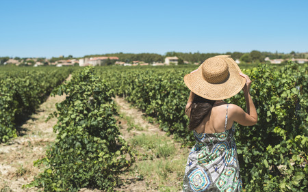 Woman with summer hat watching vineyards in a rowの写真素材