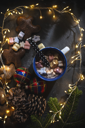 Cup of milk and Marshmallow. Christmas lights and ornamentsの写真素材