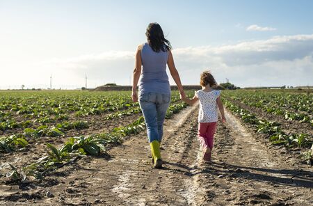 Woman farmer and little girl walking on the agriculture land. Child and mother in plantation. Sun light and shadows.の写真素材
