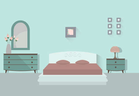Bedroom interior with long shadows. Flat design illustration.のイラスト素材