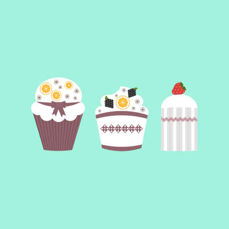 Set of beautiful desserts, cakes with berries and fruit. Flat design illustration.
