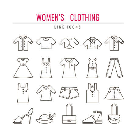 Women's clothing outline icons set. Design elements for Websites, Banners, Infographic, Illustrations, Posters, Labels. Vector line style illustration.のイラスト素材