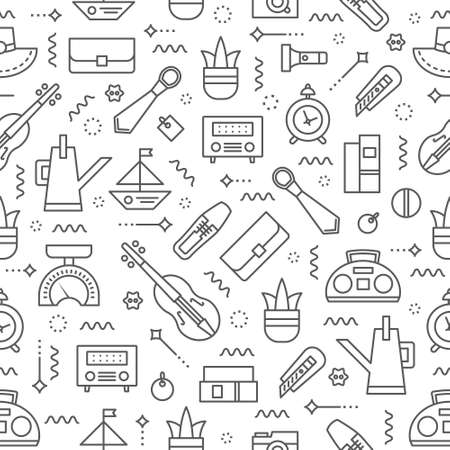 Editable  vector seamless pattern. Garage sale background. Yard sale background. Flea market background.   Background for Websites, Banners, Posters. Vector line style illustration.のイラスト素材