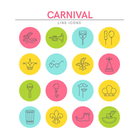 Carnival and Mardi Gras line icons set. Elements for websites, banners, flyers, posters. Vector line style illustration.のイラスト素材