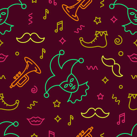  Editable  vector seamless pattern. Mardi Gras background.  Backdrop texture for flyer, banner, poster. Vector line style illustration.のイラスト素材