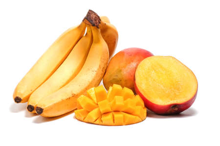 Banana and mango with sliced half isolated on white backgroundの写真素材