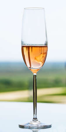 A glass of white  wine glass on a table against vineyard in summer の写真素材