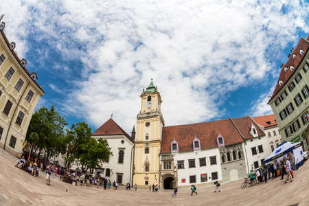 People visit Main City Square in Old Town on May 8, 2013 in Bratislava, Slovakia. Bratislava is the most populous (462,000) and most visited city in Slovakia.  のeditorial素材